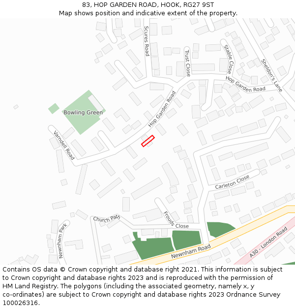 83, HOP GARDEN ROAD, HOOK, RG27 9ST: Location map and indicative extent of plot