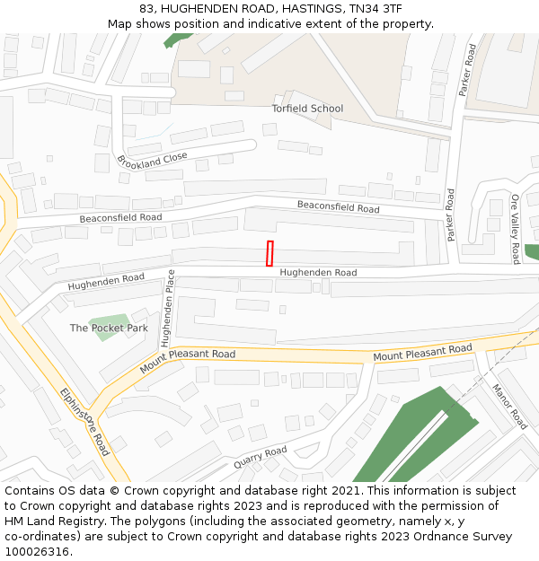 83, HUGHENDEN ROAD, HASTINGS, TN34 3TF: Location map and indicative extent of plot