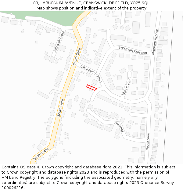 83, LABURNUM AVENUE, CRANSWICK, DRIFFIELD, YO25 9QH: Location map and indicative extent of plot