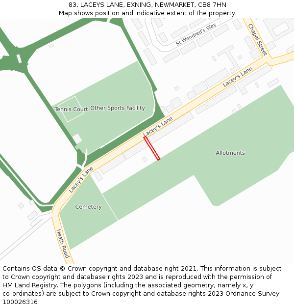 83, LACEYS LANE, EXNING, NEWMARKET, CB8 7HN: Location map and indicative extent of plot