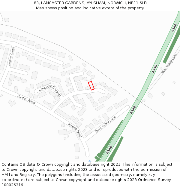 83, LANCASTER GARDENS, AYLSHAM, NORWICH, NR11 6LB: Location map and indicative extent of plot