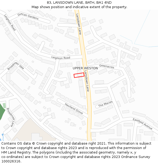 83, LANSDOWN LANE, BATH, BA1 4ND: Location map and indicative extent of plot