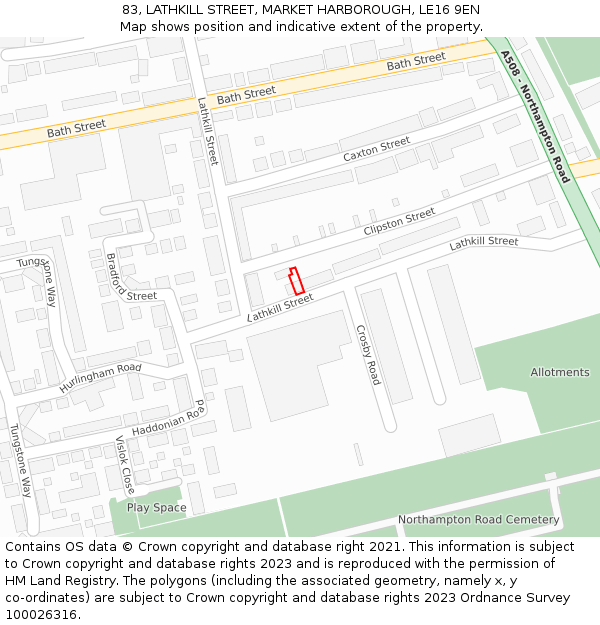 83, LATHKILL STREET, MARKET HARBOROUGH, LE16 9EN: Location map and indicative extent of plot
