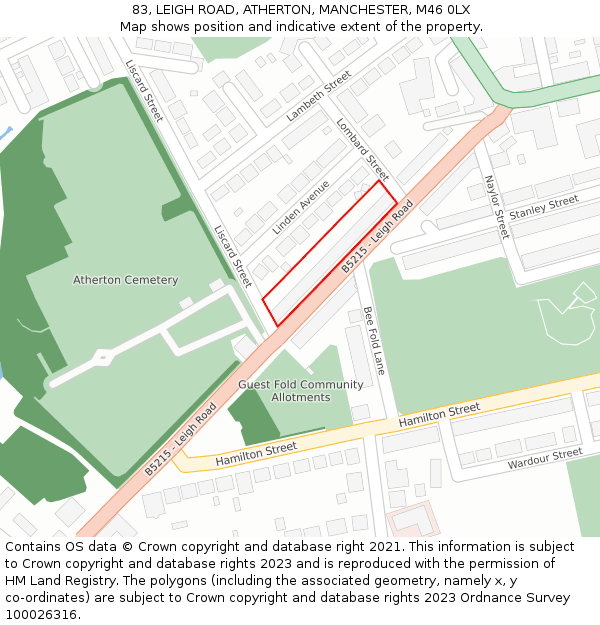 83, LEIGH ROAD, ATHERTON, MANCHESTER, M46 0LX: Location map and indicative extent of plot