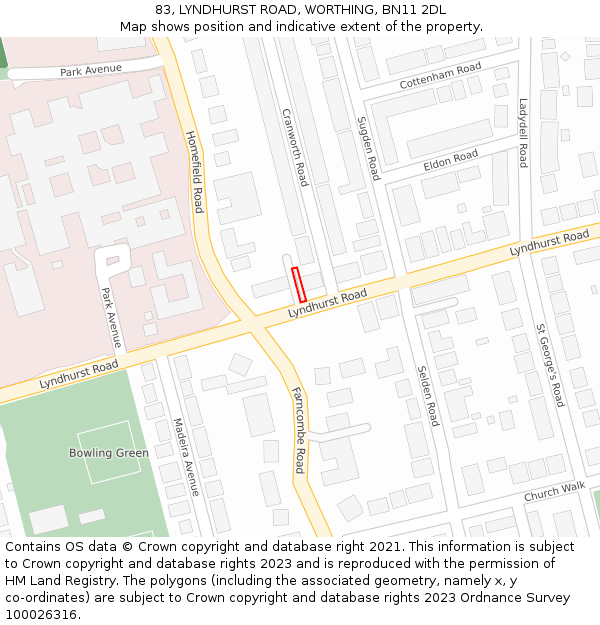 83, LYNDHURST ROAD, WORTHING, BN11 2DL: Location map and indicative extent of plot