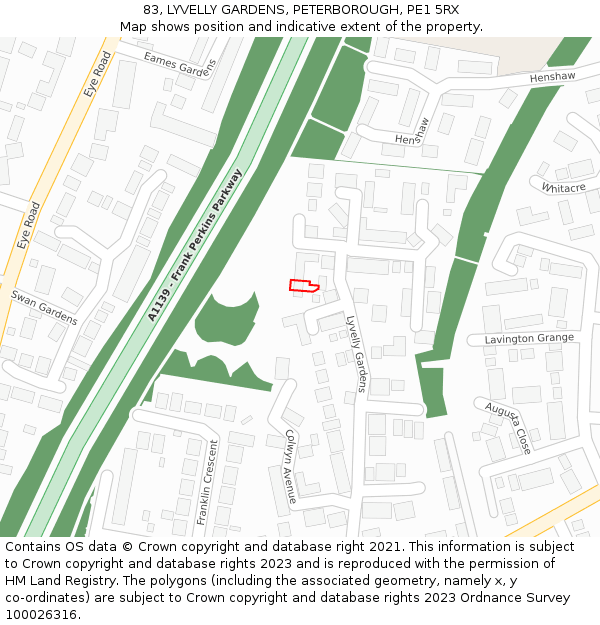 83, LYVELLY GARDENS, PETERBOROUGH, PE1 5RX: Location map and indicative extent of plot