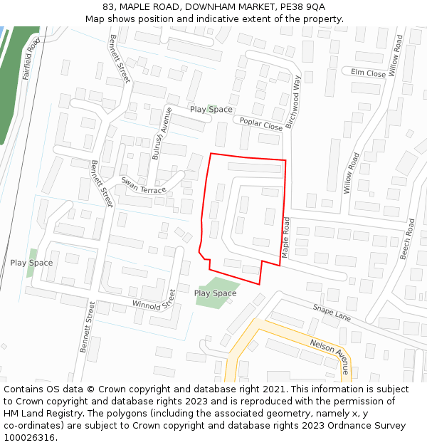 83, MAPLE ROAD, DOWNHAM MARKET, PE38 9QA: Location map and indicative extent of plot