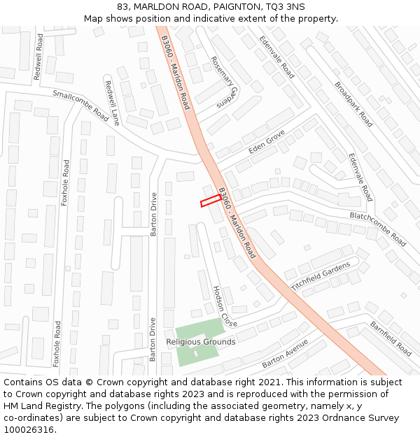 83, MARLDON ROAD, PAIGNTON, TQ3 3NS: Location map and indicative extent of plot
