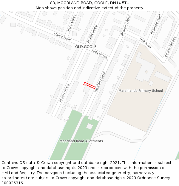 83, MOORLAND ROAD, GOOLE, DN14 5TU: Location map and indicative extent of plot