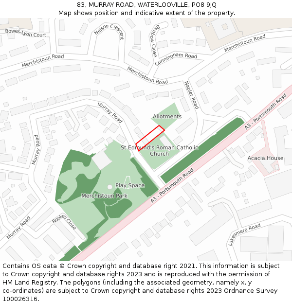 83, MURRAY ROAD, WATERLOOVILLE, PO8 9JQ: Location map and indicative extent of plot