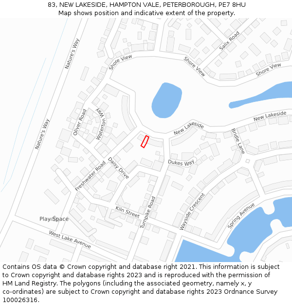 83, NEW LAKESIDE, HAMPTON VALE, PETERBOROUGH, PE7 8HU: Location map and indicative extent of plot