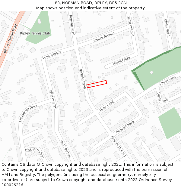 83, NORMAN ROAD, RIPLEY, DE5 3GN: Location map and indicative extent of plot