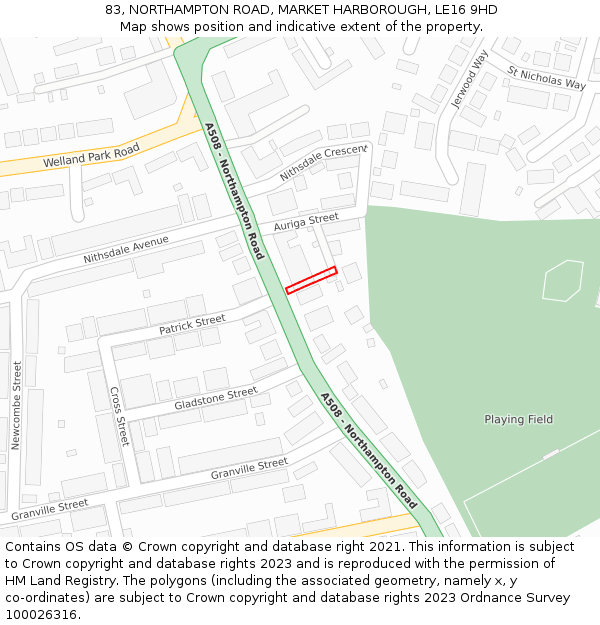 83, NORTHAMPTON ROAD, MARKET HARBOROUGH, LE16 9HD: Location map and indicative extent of plot