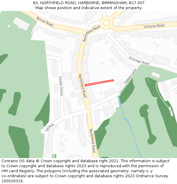 83, NORTHFIELD ROAD, HARBORNE, BIRMINGHAM, B17 0ST: Location map and indicative extent of plot