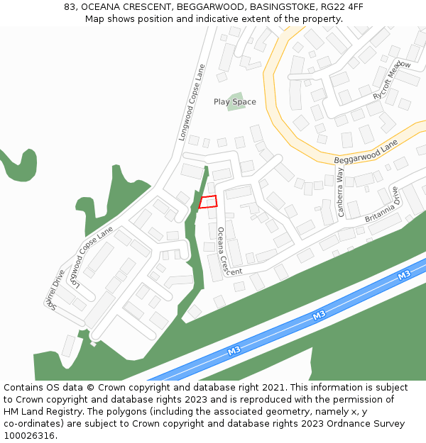 83, OCEANA CRESCENT, BEGGARWOOD, BASINGSTOKE, RG22 4FF: Location map and indicative extent of plot