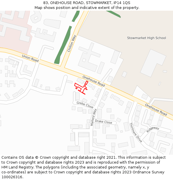 83, ONEHOUSE ROAD, STOWMARKET, IP14 1QS: Location map and indicative extent of plot