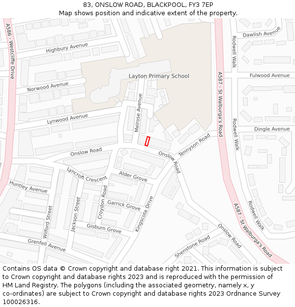 83, ONSLOW ROAD, BLACKPOOL, FY3 7EP: Location map and indicative extent of plot