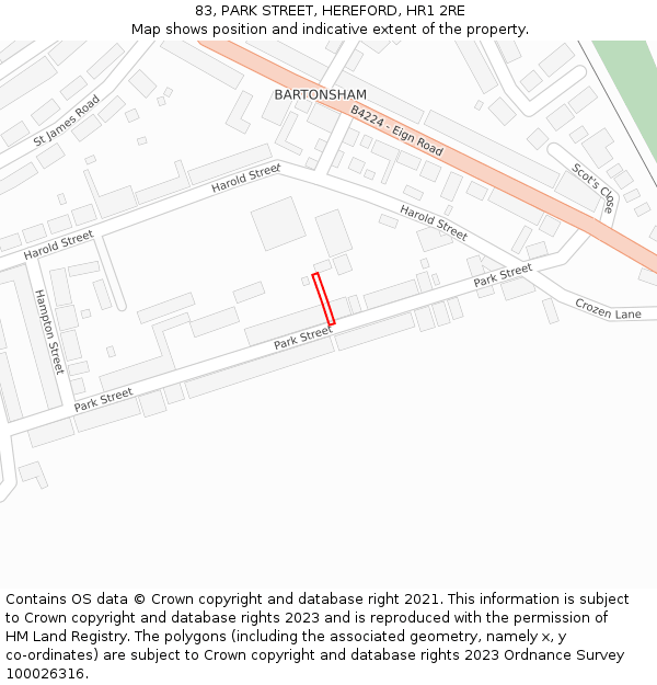 83, PARK STREET, HEREFORD, HR1 2RE: Location map and indicative extent of plot