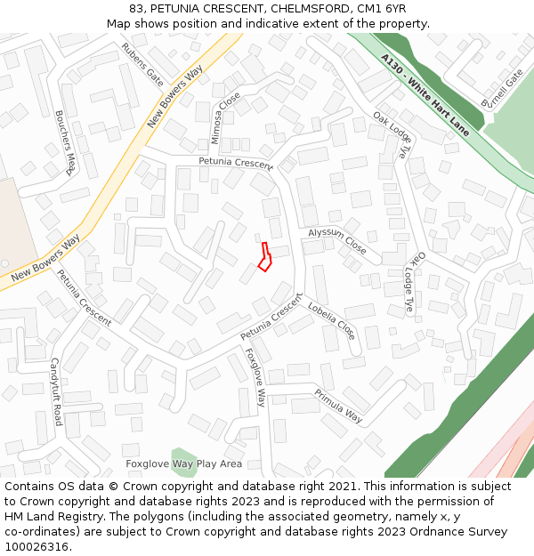 83, PETUNIA CRESCENT, CHELMSFORD, CM1 6YR: Location map and indicative extent of plot