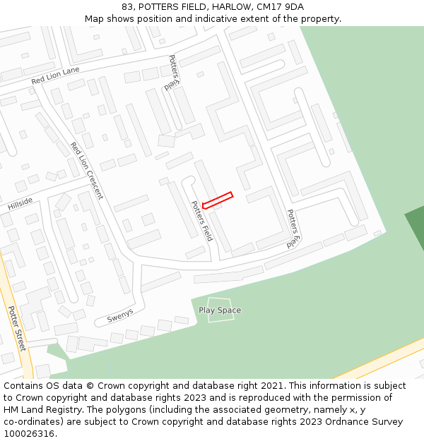 83, POTTERS FIELD, HARLOW, CM17 9DA: Location map and indicative extent of plot