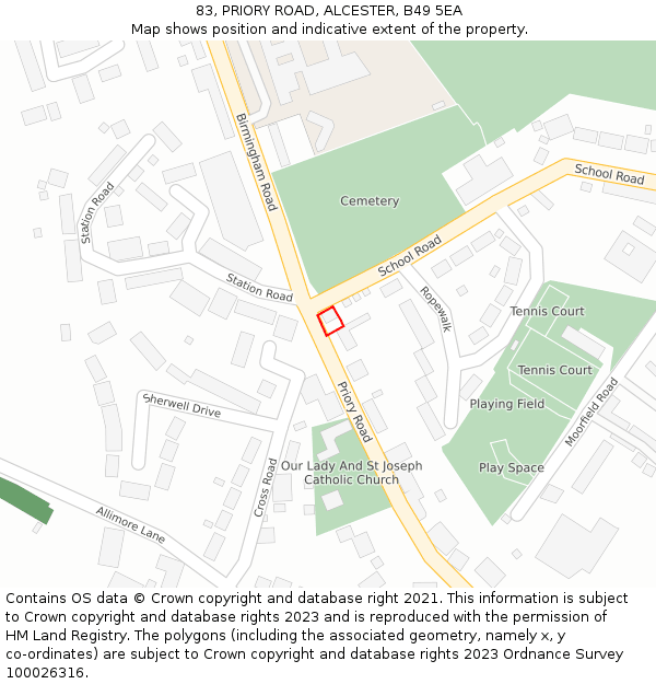 83, PRIORY ROAD, ALCESTER, B49 5EA: Location map and indicative extent of plot
