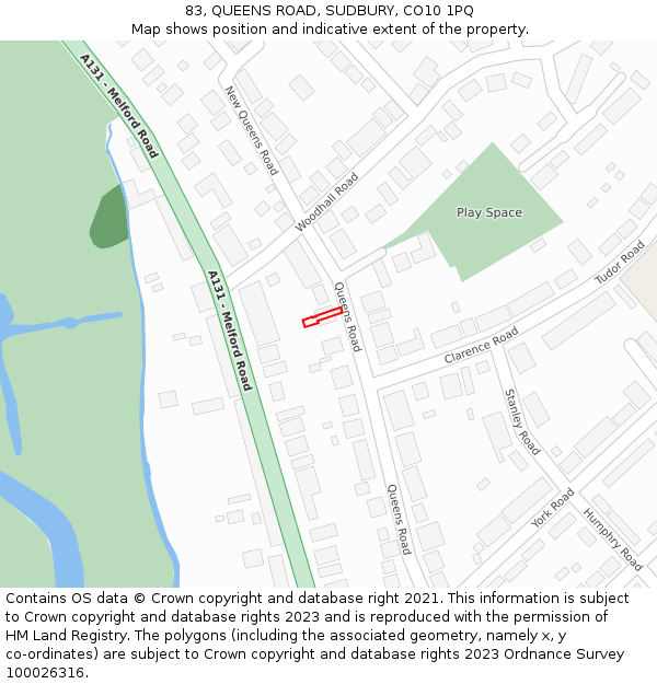 83, QUEENS ROAD, SUDBURY, CO10 1PQ: Location map and indicative extent of plot
