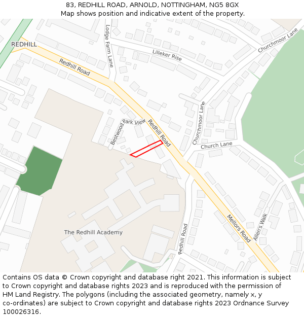 83, REDHILL ROAD, ARNOLD, NOTTINGHAM, NG5 8GX: Location map and indicative extent of plot