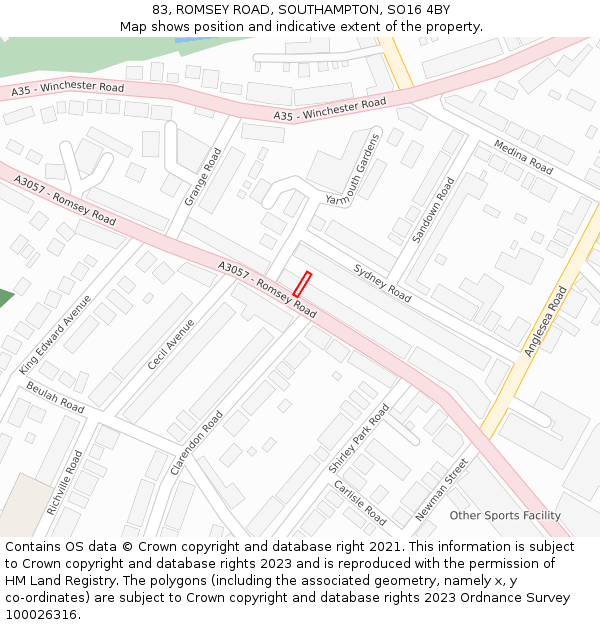83, ROMSEY ROAD, SOUTHAMPTON, SO16 4BY: Location map and indicative extent of plot