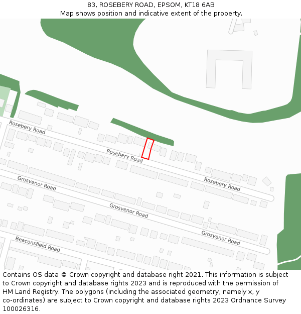 83, ROSEBERY ROAD, EPSOM, KT18 6AB: Location map and indicative extent of plot