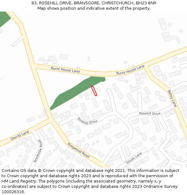83, ROSEHILL DRIVE, BRANSGORE, CHRISTCHURCH, BH23 8NR: Location map and indicative extent of plot
