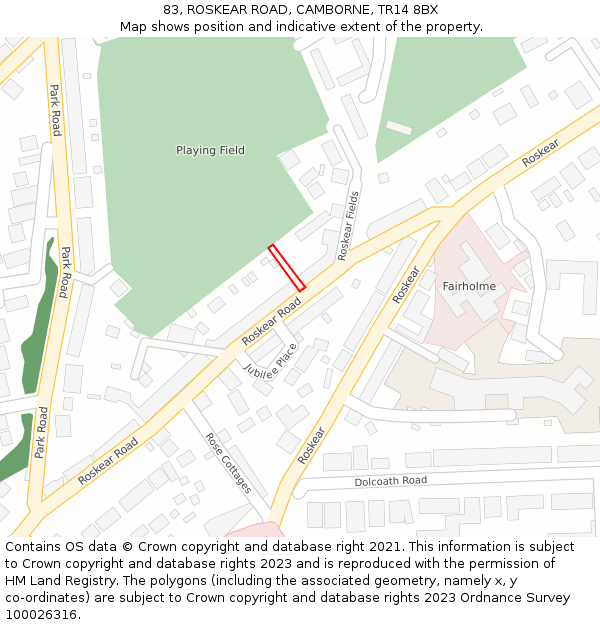 83, ROSKEAR ROAD, CAMBORNE, TR14 8BX: Location map and indicative extent of plot