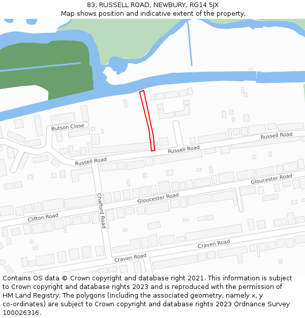 83, RUSSELL ROAD, NEWBURY, RG14 5JX: Location map and indicative extent of plot