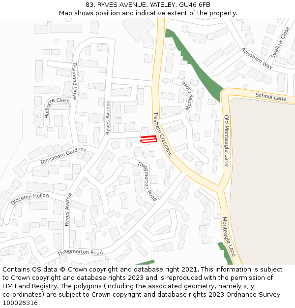 83, RYVES AVENUE, YATELEY, GU46 6FB: Location map and indicative extent of plot