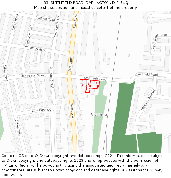 83, SMITHFIELD ROAD, DARLINGTON, DL1 5UQ: Location map and indicative extent of plot