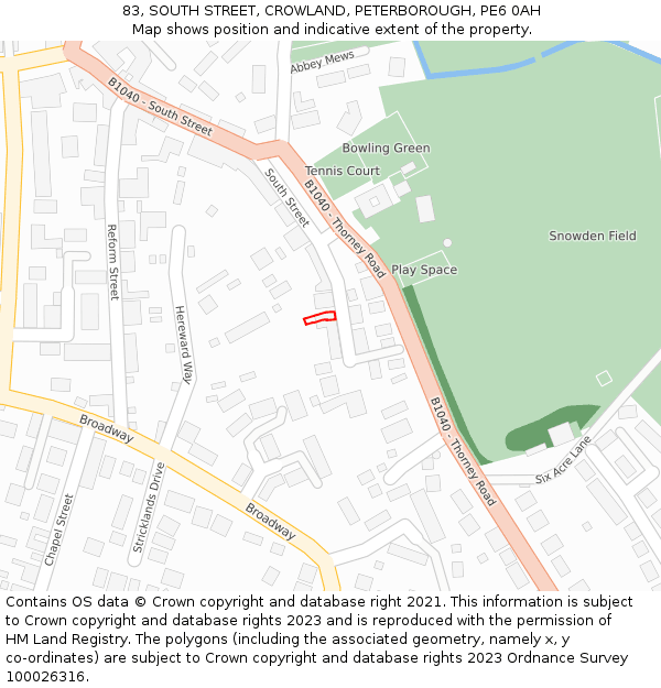 83, SOUTH STREET, CROWLAND, PETERBOROUGH, PE6 0AH: Location map and indicative extent of plot