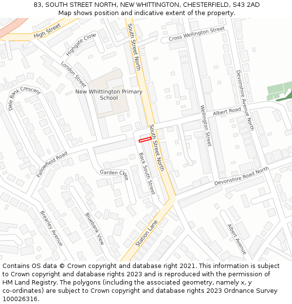 83, SOUTH STREET NORTH, NEW WHITTINGTON, CHESTERFIELD, S43 2AD: Location map and indicative extent of plot