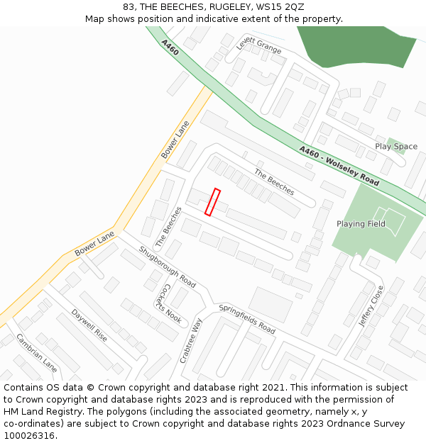 83, THE BEECHES, RUGELEY, WS15 2QZ: Location map and indicative extent of plot