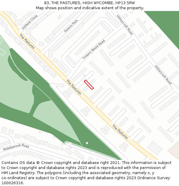83, THE PASTURES, HIGH WYCOMBE, HP13 5RW: Location map and indicative extent of plot