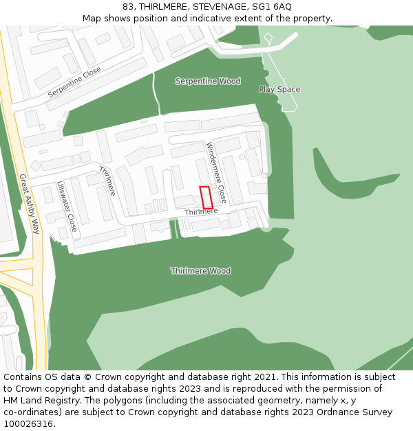 83, THIRLMERE, STEVENAGE, SG1 6AQ: Location map and indicative extent of plot