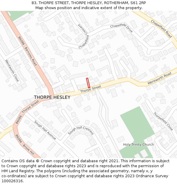 83, THORPE STREET, THORPE HESLEY, ROTHERHAM, S61 2RP: Location map and indicative extent of plot