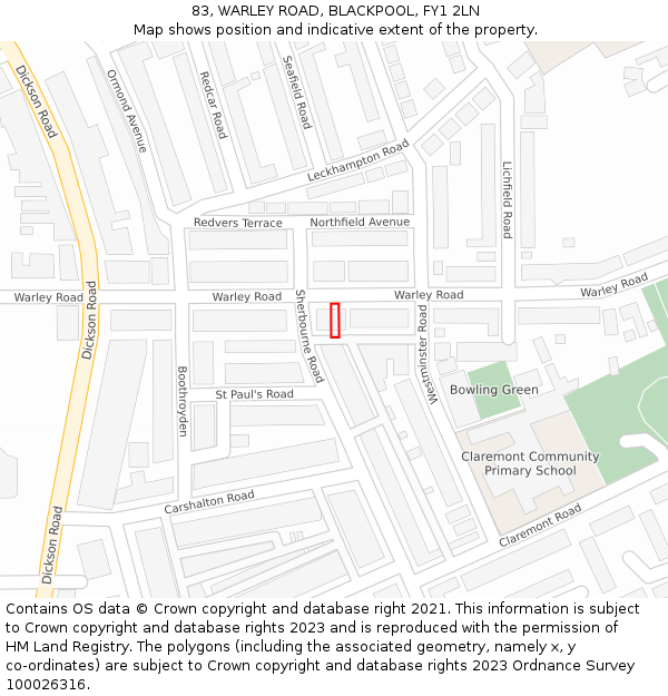 83, WARLEY ROAD, BLACKPOOL, FY1 2LN: Location map and indicative extent of plot