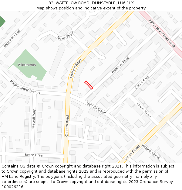 83, WATERLOW ROAD, DUNSTABLE, LU6 1LX: Location map and indicative extent of plot