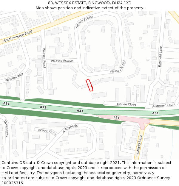 83, WESSEX ESTATE, RINGWOOD, BH24 1XD: Location map and indicative extent of plot