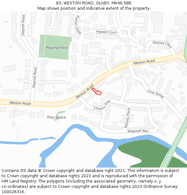 83, WESTON ROAD, OLNEY, MK46 5BE: Location map and indicative extent of plot