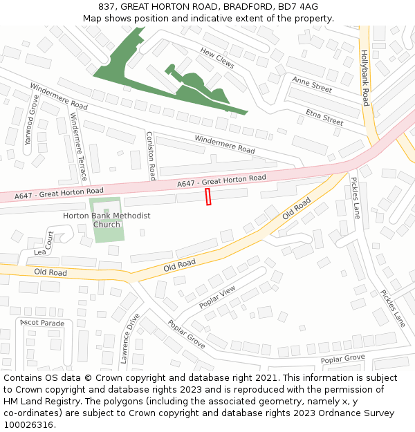837, GREAT HORTON ROAD, BRADFORD, BD7 4AG: Location map and indicative extent of plot