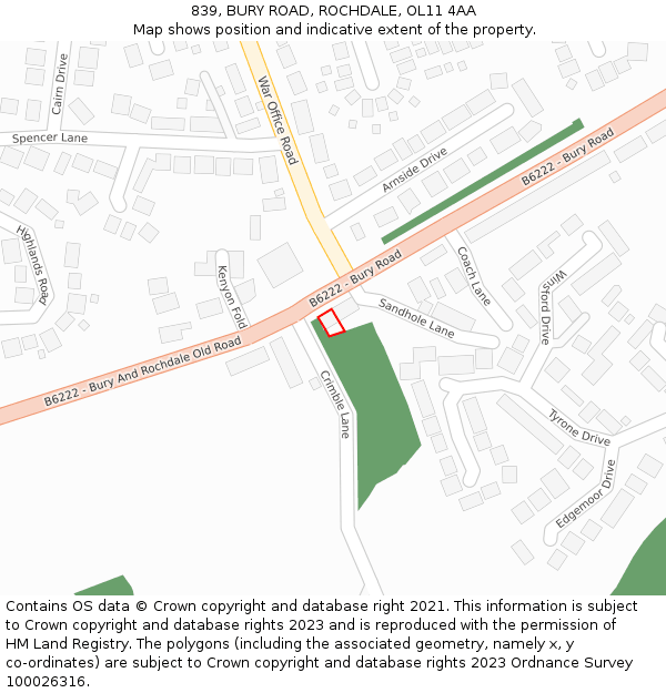 839, BURY ROAD, ROCHDALE, OL11 4AA: Location map and indicative extent of plot