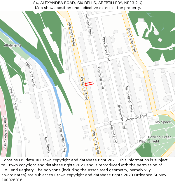 84, ALEXANDRA ROAD, SIX BELLS, ABERTILLERY, NP13 2LQ: Location map and indicative extent of plot