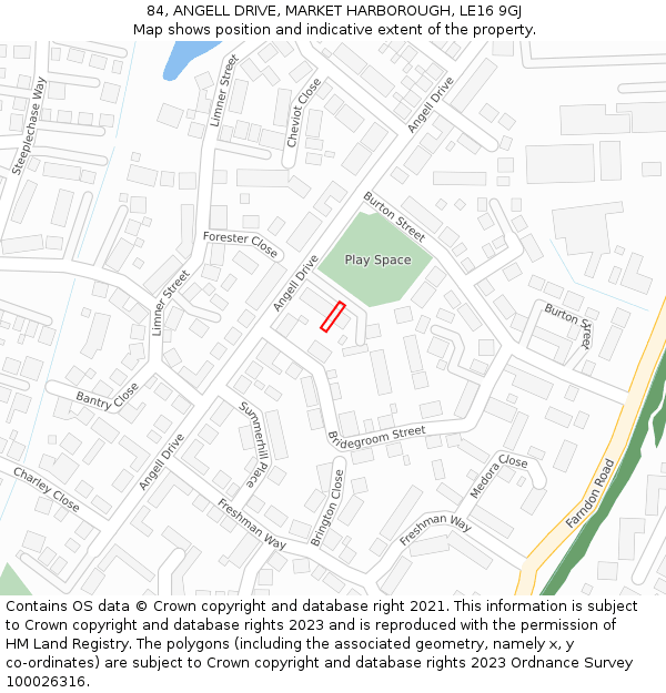 84, ANGELL DRIVE, MARKET HARBOROUGH, LE16 9GJ: Location map and indicative extent of plot