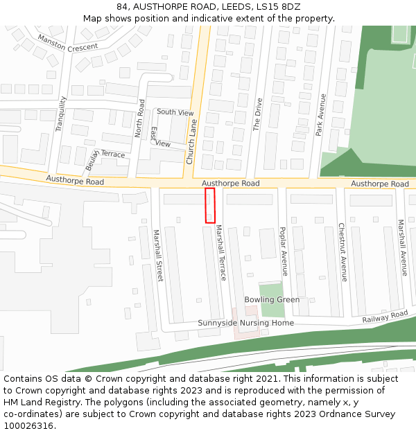 84, AUSTHORPE ROAD, LEEDS, LS15 8DZ: Location map and indicative extent of plot