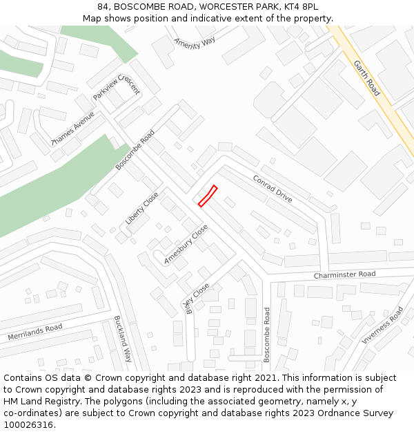 84, BOSCOMBE ROAD, WORCESTER PARK, KT4 8PL: Location map and indicative extent of plot